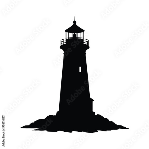 A detailed black silhouette of a coastal lighthouse standing on a rocky base against white background