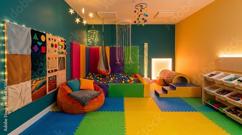 Colorful sensory playroom for children with soft toys and textures  