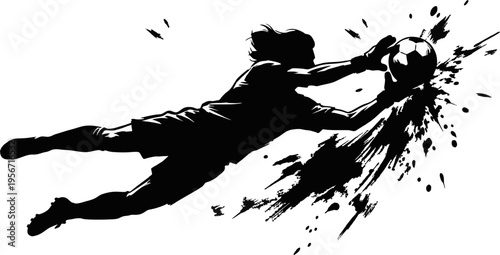 Goalkeeper Diving to Save Ball Silhouette, Soccer Goalie Action Ink Brush Graphic