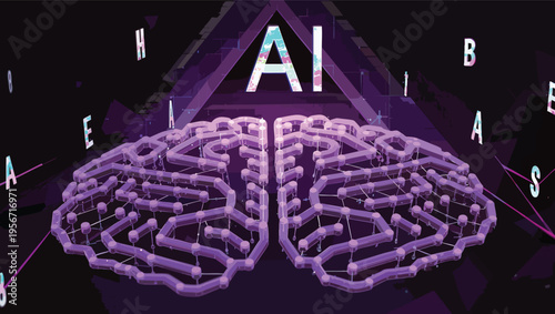 3D brain-shaped maze with AI letters and floating alphabet characters in a dark futuristic setting.