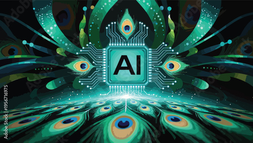 AI Artificial Intelligence Chip Surrounded by Peacock Feathers and Digital Glow.
