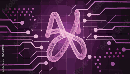 Abstract AI symbol rendered in swirling pink lines against a dark purple grid artificial intelligence.