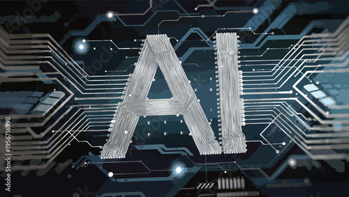 AI Artificial Intelligence concept with metallic letters on a circuit board background technology digital.