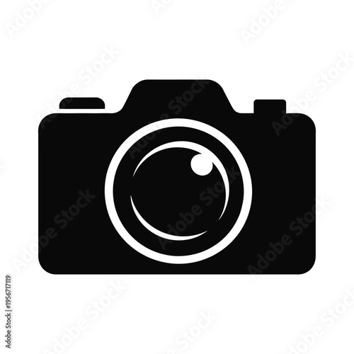 A minimalist black and white icon representation of a traditional digital single lens reflex camera