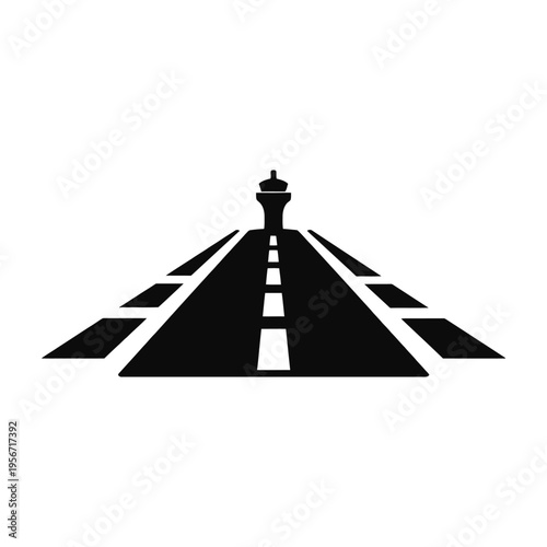 A minimalist black silhouette of an airport runway leading toward a central control tower icon