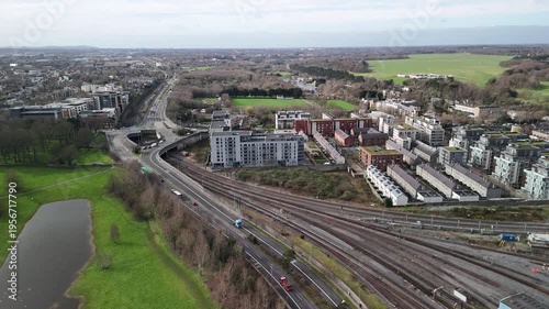 Flying over the railway tracks, leaving Dublin
