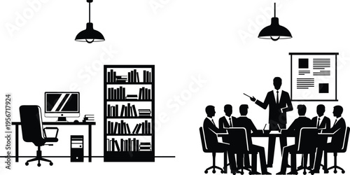 Business office workspace and team meeting silhouettes, corporate environment with presentation, leadership discussion, productivity, workplace interior and professional collaboration concept