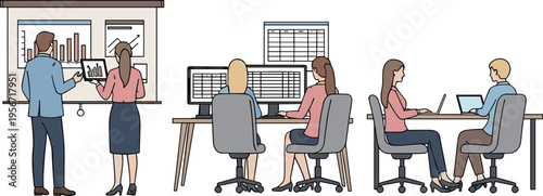Business team analyzing data charts and working on computers in office, corporate workflow, financial analysis, collaboration and productivity concept