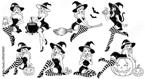 Vintage Halloween Witches Collection: Pin-up Girls in Witch Hats, Broomsticks, Pumpkins, and Cauldron