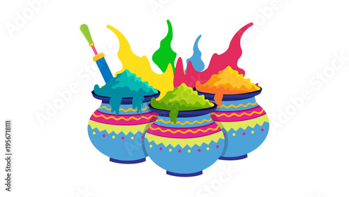 Three traditional clay pots filled with vibrant holi colors