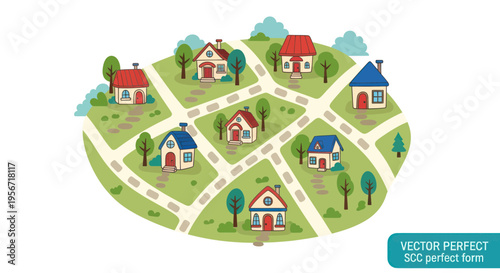 Cartoon Village Map with Houses, Roads, and Trees