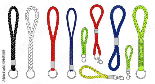 Collection of braided lanyards and keychains in various colors on a white background