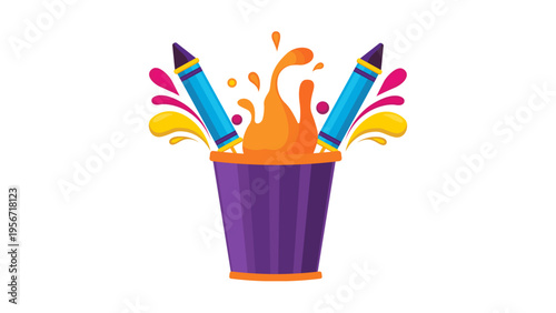 Purple bucket with exploding holi color powder and splashes