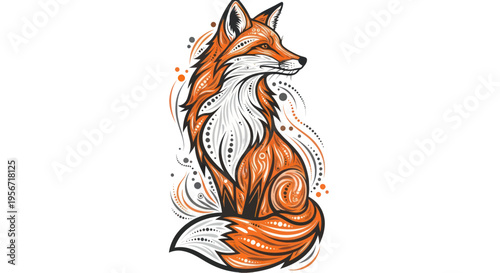 Artistic Fox Illustration with Tribal Patterns and Dots - White Background