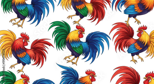Colorful Roosters Pattern - Vibrant Poultry Farm Animal Illustration