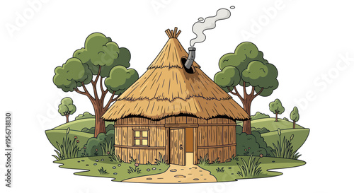 Cozy Thatched Roof Hut in a Rural Landscape with Trees and Smoke
