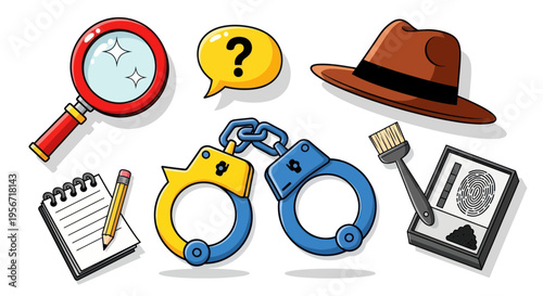 Detective Investigation Tools - Magnifying Glass, Handcuffs, Hat, Fingerprint