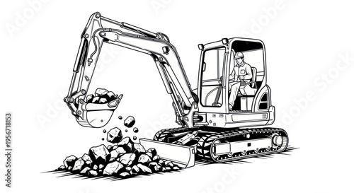 Excavator digging and moving rocks, construction and heavy machinery illustration