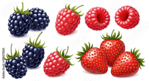 Fresh Mixed Berries: Strawberries, Raspberries, Blackberries isolated on white background