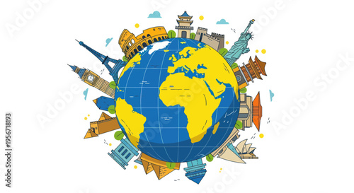 Global Landmarks Montage Around a Cartoon Earth Globe Illustration