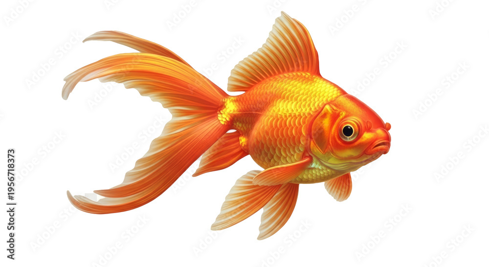 Fototapeta premium A vibrant, shimmering goldfish with flowing fins and scales, captured in a detailed, lifelike digital illustration