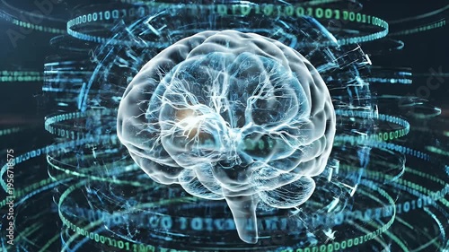 Wallpaper Mural A translucent brain, with neural pathways highlighted, amidst binary code and abstract light trails Torontodigital.ca