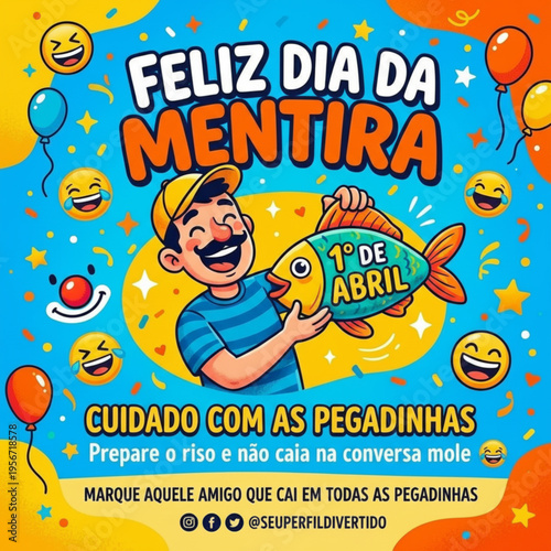Feliz Dia da Mentira 1º de Abril - Garoto Segurando Peixe com Pegadinha, Emojis e Balões Coloridos - Brincadeiras e Humor Data Comemorativa Ilustração Divertida