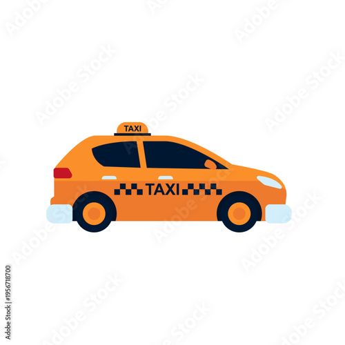 Yellow taxi car illustration with roof sign and checkerboard pattern on white background.