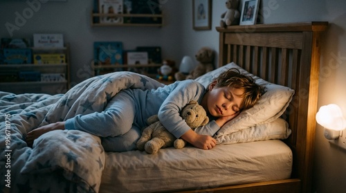 Young boy sleeping peacefully in bed with teddy bear at night  