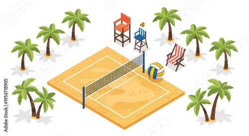 Beach Volleyball Court Isometric View with Palm Trees, Net, Ball, Chairs