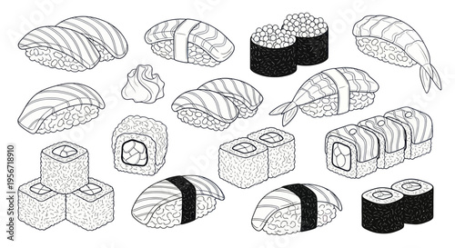 Assorted Sushi and Rolls Line Art Illustration
