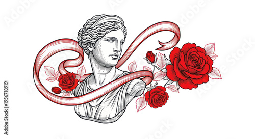 Classical Sculpture Bust with Red Roses and Ribbon