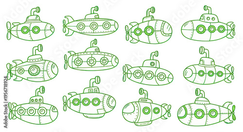 Cute cartoon submarines collection, underwater vehicles, white background