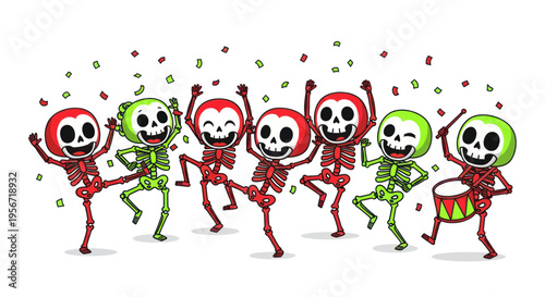 Dancing Skeletons with Drum and Confetti - Festive Halloween Celebration