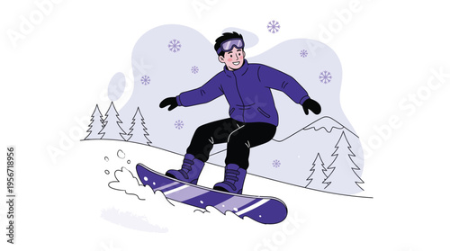 Cheerful Young Man Snowboarding Down a Snowy Mountain Slope, Embracing Winter Sports and Outdoor Fun