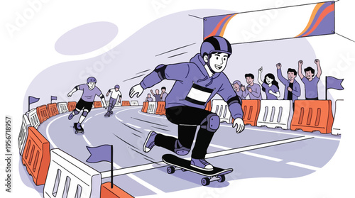 Energetic Young Man Skateboarding in a Downhill Race, Cheered by Enthusiastic Crowd at Urban Sport Event