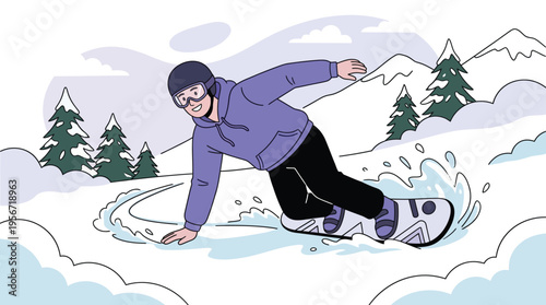 Smiling Person Snowboarding on a Snowy Mountain. Dynamic Winter Sports and Recreation in a Flat Illustration Style.