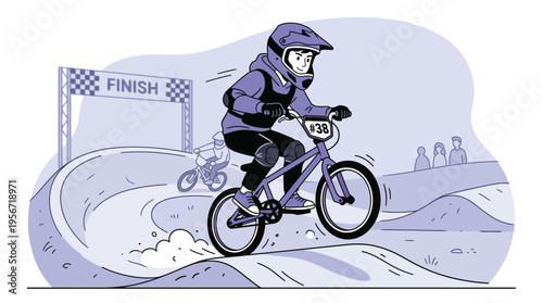 Dynamic Illustration of a Young BMX Rider in Full Gear on a Dirt Track Approaching the Finish Line Banner, Embodying Speed and Competition