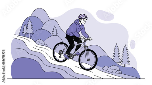 Young man mountain biking down winding trail in a scenic hilly landscape. Outdoor sport, adventure, healthy lifestyle illustration.