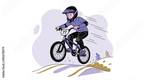 Dynamic BMX Rider Jumps Over Dirt Mound During Race, Wearing Helmet and Protective Gear on a Thrilling Competition Track.