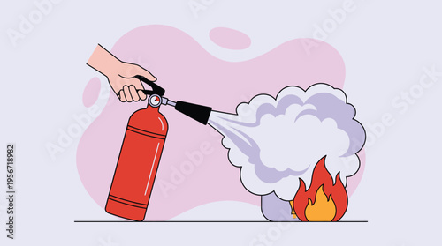 A hand holding a red fire extinguisher actively putting out a small fire, illustrating fire safety and emergency response