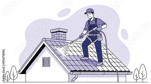 Professional Roofer Cleaning House Roof Tiles with Pressure Washer, Home Maintenance Service