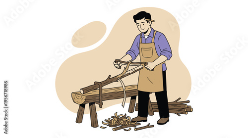 Man in Apron Debarking Wood Log with Drawknife Tool on Workbench, Illustrating Traditional Carpentry and Craftsmanship.