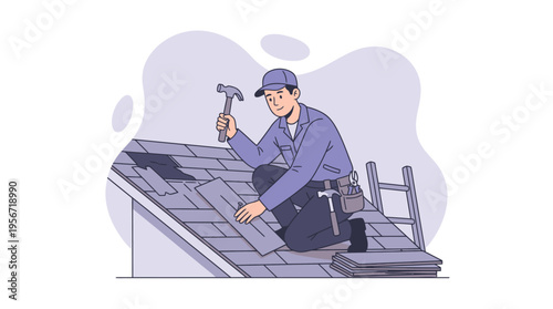 Professional Roofer Installing or Repairing House Roof Shingles with Hammer and Tools. Home Renovation and Maintenance Concept Illustration.