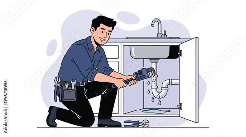 Smiling Male Plumber Repairing a Leaky Kitchen Sink Pipe with a Wrench, Water Dripping, Professional Service Illustration