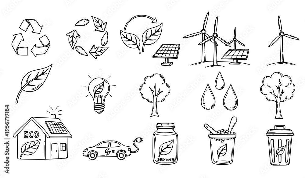 Fototapeta premium Eco Friendly Living Doodle Icon Set with Green Energy and Nature Symbols