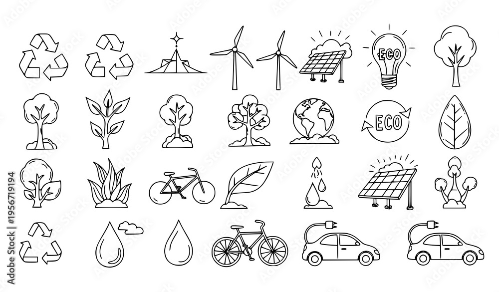 Fototapeta premium Sustainability and Green Energy Hand Drawn Icon Collection Doodle Style