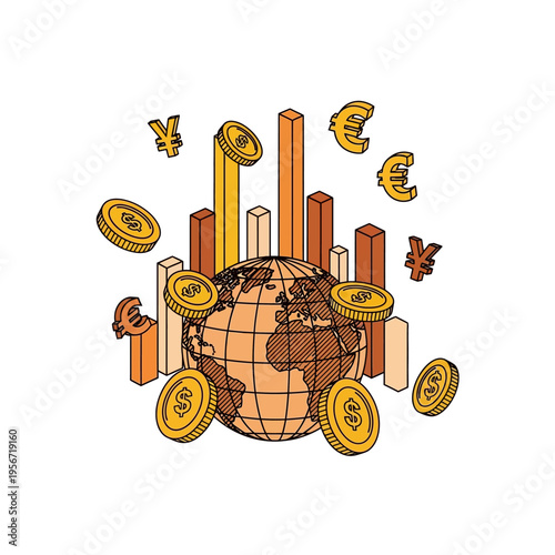 Global financial market concept with earth, currency symbols, coins, and bar graphs representing international economy and business.