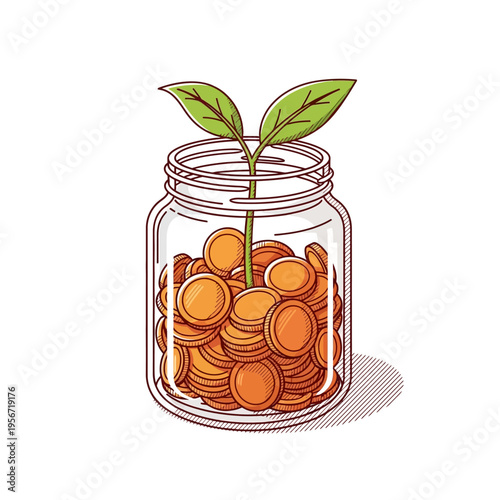 A clear glass jar filled with golden coins, with a green plant sprout growing from the top, symbolizing financial growth and savings.