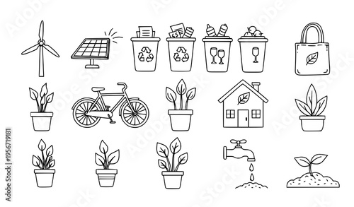 Eco Friendly Living Doodle Icon Set with Green Energy and Nature Symbols